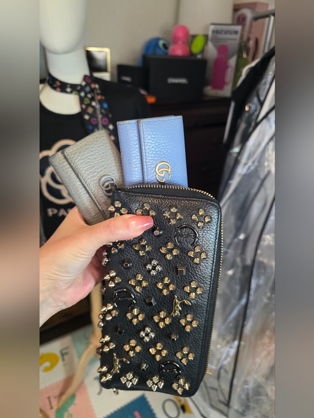 Gucci Black Studded Leather with Blue & Gray Card Holders / CHRISTIAN LOUBOUTIN
